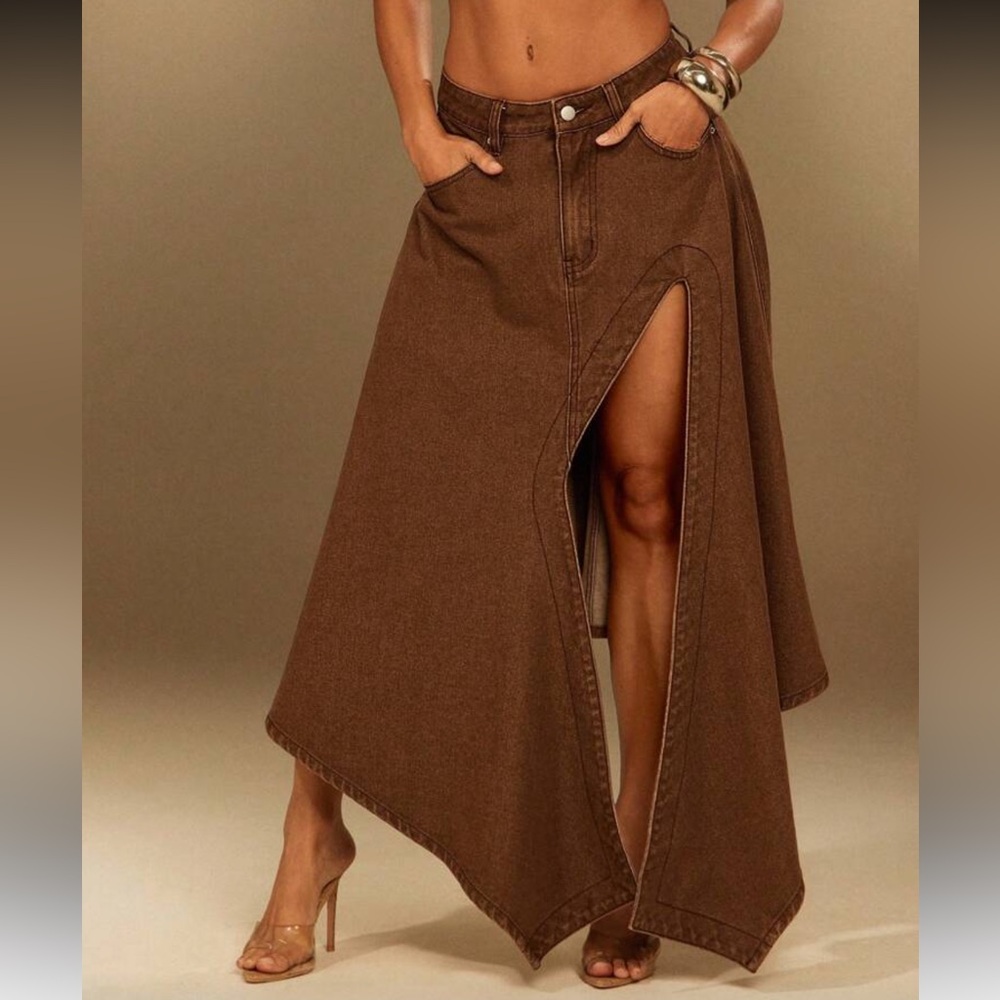 Brown Maxi Skirt with Front Slit